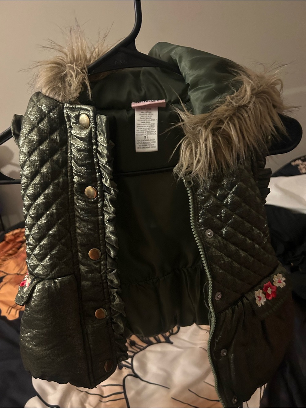 Little Miss Metallic Olive Quilted Puffer Vest with Faux Fur Trim